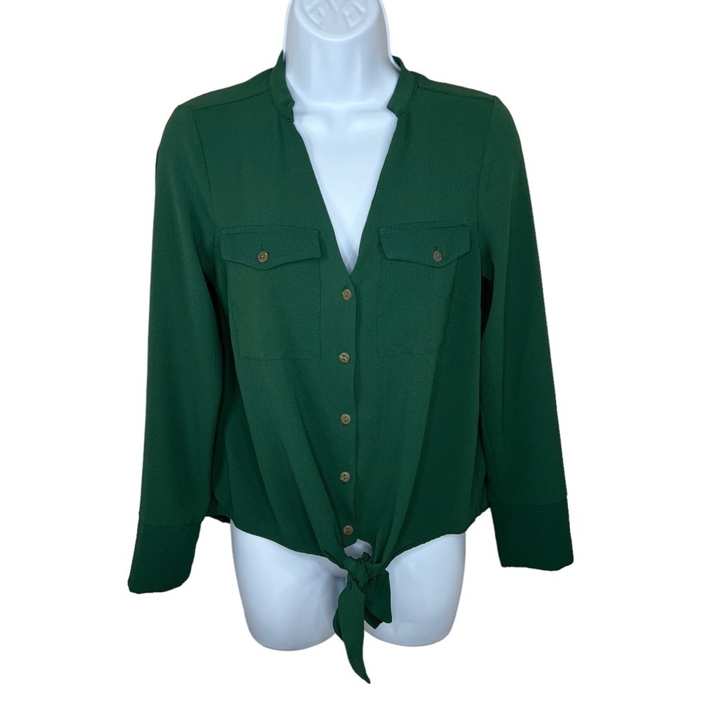 Monteau Green Long Sleeve Button Down Blouse Womens Small Stretch